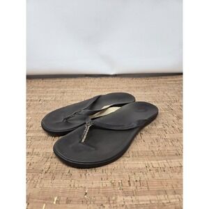 Olukai Sandals Women's 6 Ho'opio Leather Flip Flops Onyx/Black‎ Thongs Casual
